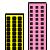 Das gelbe Gebäude ist niedriger als das rosa Gebäude. 