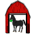 The black horse lives in the red barn. He is eating grass.